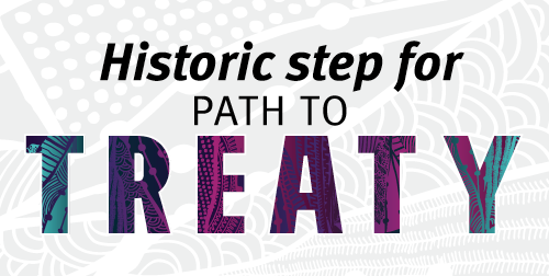 Treaty logo displaying the words historic step for path to treaty