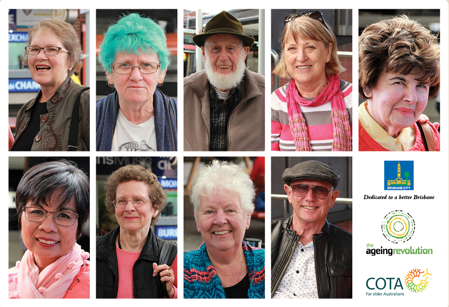 Series of ‘elfies’ (elder selfies) taken by people who participated in the The Ageing Revolution, a pop-up event held in Queen Street Mall. The images are a mix of men and women.